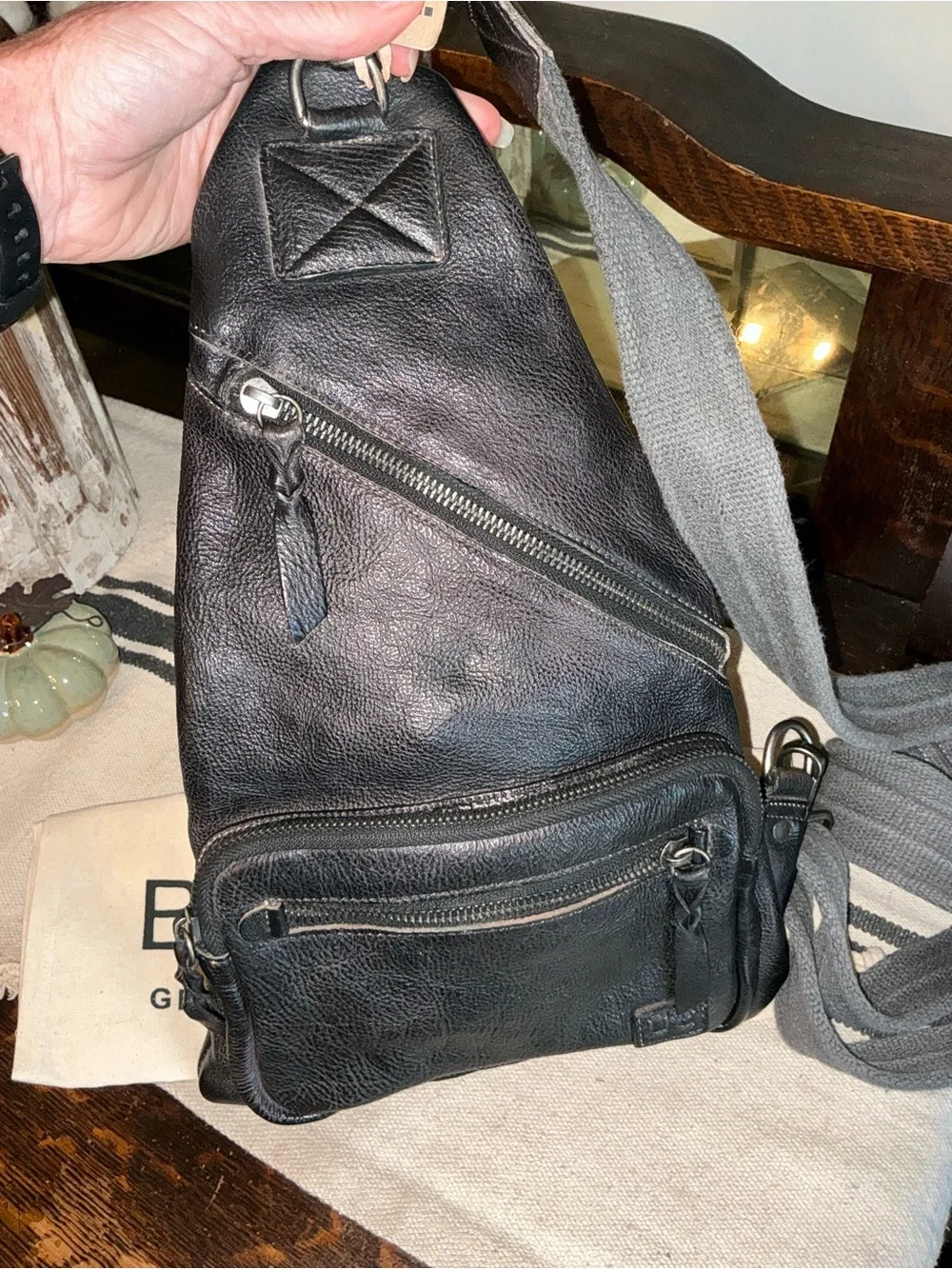 NWT Bed Stu Leather Unisex Andie Sling Backpack Black DD Dip Dyed MSRP $240